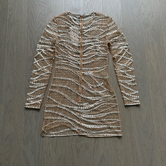 Retrofete RAES Sheer Crystal Long Sleeve Nude Mini Dress Embellished - XS - Picture 3 of 7